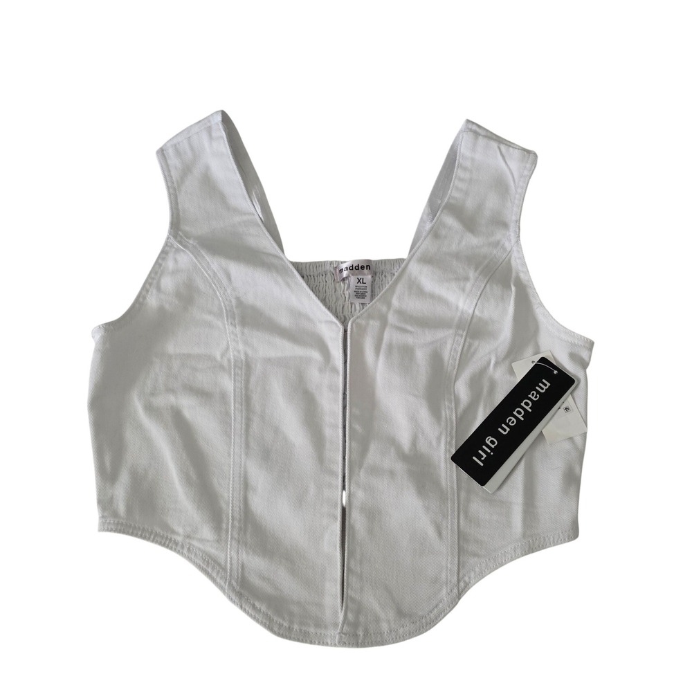 Edgy Sweet Madden Girl Summer White Denim Hook-Front Corset Top XL Smocked